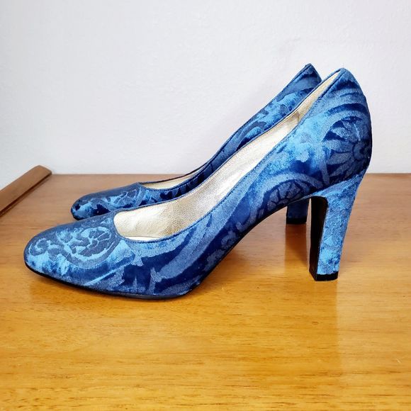 Antonia Sautter Collection Blue Velvet Damask Print Heels Shoes Handmade SZ 37 - Picture 5 of 12